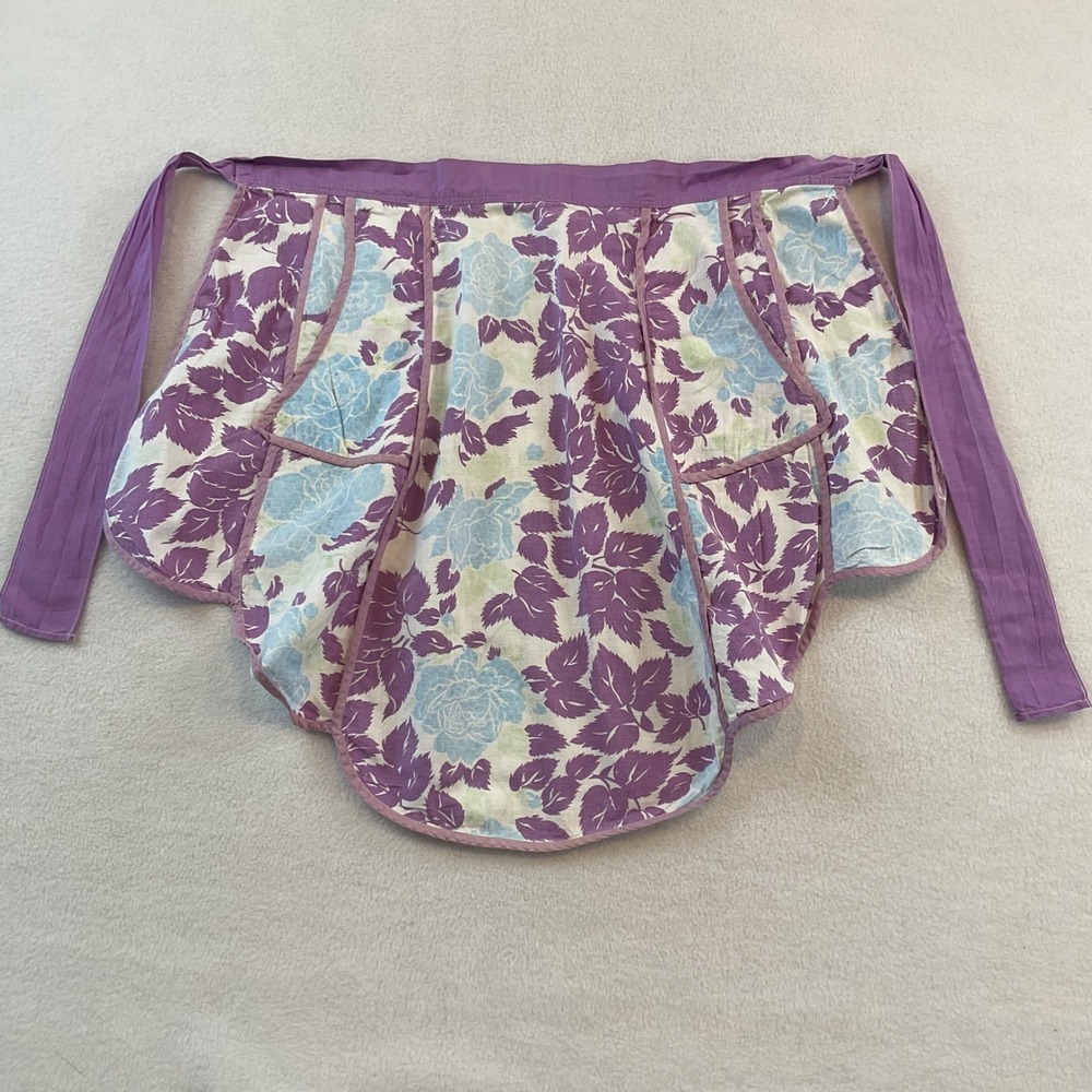 Vintage Handmade Floral Half Apron Purple Blue Scalloped Pockets Retro